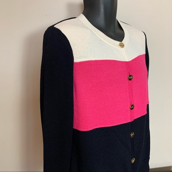 ST JOHN SPORT Black Pink Ivory SANTANA KNIT Button Front SUIT Dress JACKET M - Picture 3 of 7